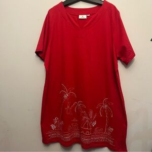 Quacker Factory Red Dress with White Palm Tree Embroidery
